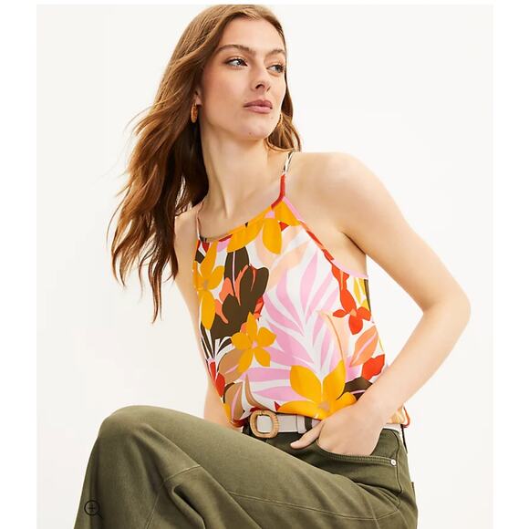 Loft Tropical Bright colorful Pink Yellow Floral Print Halter Blouse Size Small - Picture 3 of 10